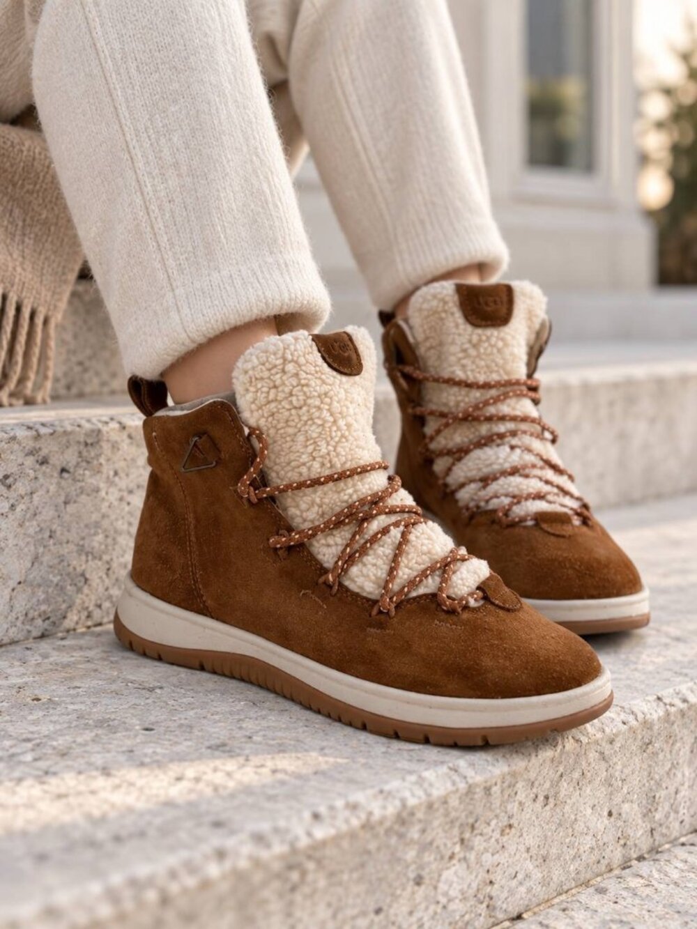 UGG Lace-Up Boots Women Brown Suede Size 10 Cream Plush Tongue Rope Laces